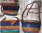 Vintage 80s Sharif multi color cross body purse leather handbag snake pink magenta gold blue turquoise green tassel zipper made in usa