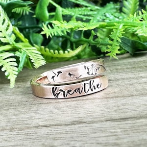 Hand Stamped &#39;Just Breathe&#39; Wrap Ring - Minimalist Affirmation Jewelry