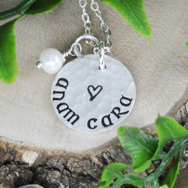 Anam Cara - Soul Mate or Friend - Necklace with Freshwater Pearl • Celtic Scottish Gaelic Jewelry • Sterling Silver Rose Gold and Gold