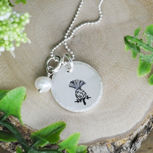 Scottish Thistle Necklace: Sterling Silver, Gold, Rose Gold, Freshwater Pearl