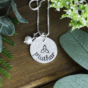 Sterling Silver Sister Necklace: Scottish Gaelic Piuthar, Freshwater Pearl