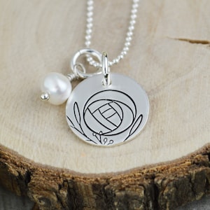 Hand Stamped Rose Necklace: Sterling Silver Charm, Freshwater Pearl