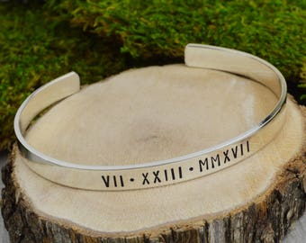 Roman Numeral Bracelet in Aluminum Brass or Copper with Custom Date