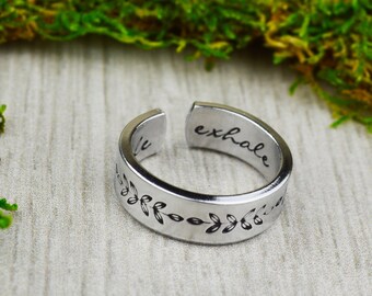 Hand Stamped Inhale Exhale Ring: Sterling Silver Fern Jewelry