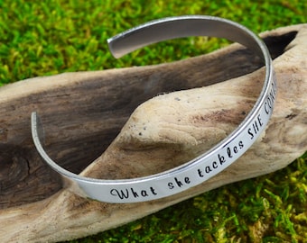 What She Tackles She Conquers Handstamped Bangle • Feminist Jewelry • Inspirational Jewelry • Mantra Cuff Bracelet