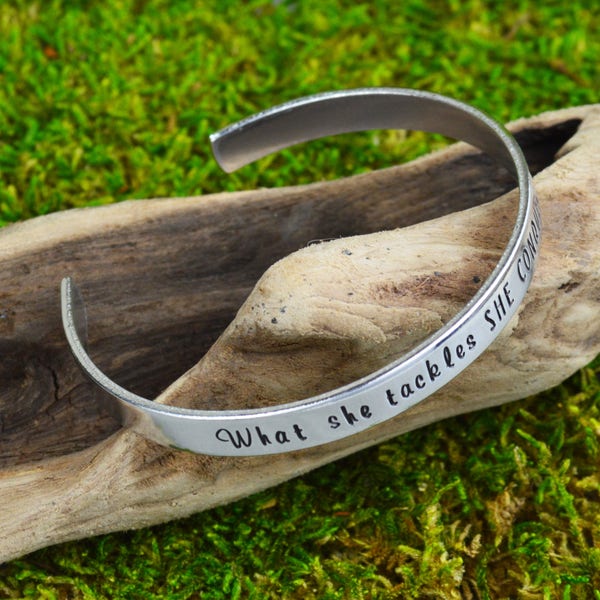 What She Tackles She Conquers Handstamped Bangle • Feminist Jewelry • Inspirational Jewelry • Mantra Cuff Bracelet