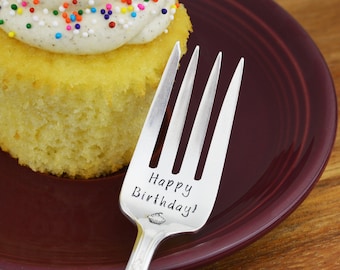 Hand Stamped 'Happy Birthday!' Vintage Cake Fork