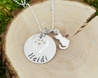 Personalized Pet Necklace with Cat Charm in Sterling Silver