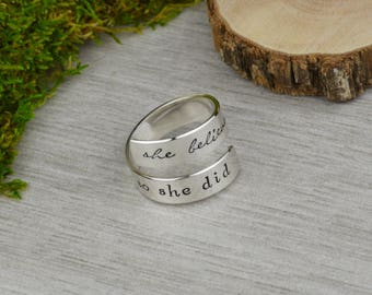 Hand Stamped Sterling Silver Wrap Ring: Inspirational Quote