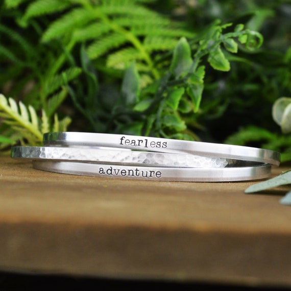 Skinny Mantra Bracelet • Custom Inspirational Layering Cuff • Personalized Word of the Year Stacking Bracelet • Friend Gift Idea Il_570xn