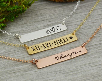 Custom Skinny Bar Necklace • Personalized Name Necklace • Roman Numeral Date Jewelry • Sterling Silver, Rose Gold, and Gold Necklace