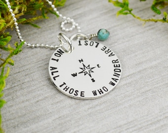 Not All Those Who Wander Are Lost Necklace in Sterling Silver - Travel Jewelry - Wanderlust - Turquoise