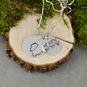Custom State Necklace in Sterling Silver with Coordinates • Custom Charm Necklace • Gift for Her • Anniversary Gift • Coordinates Necklace