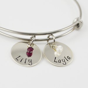 Adjustable Bangle Bracelet with Custom Names and Birthstones - Stacking Bangles