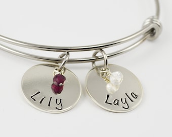 Adjustable Bangle Bracelet with Custom Names and Birthstones - Stacking Bangles