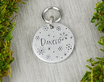 Hand Stamped Christmas Pet ID Tag: Personalized Snowflake Dog Collar Tag