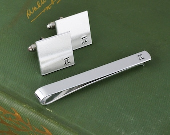 Pi Tie Bar and Cuff Link Set - Hand Stamped Teacher Gift - Math and Science Gift