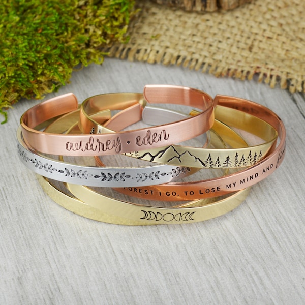 Customizable Hand Stamped Aluminum Brass Copper or Sterling Silver Stacking Bracelet • Personalized Hand Stamped Cuff