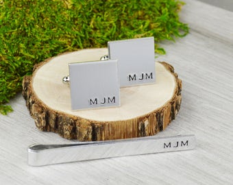Hand Stamped Initials Tie Bar Cufflink Set - Groomsman Gift
