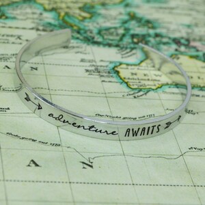 Adventure Awaits Aluminum Brass or Copper Bangle - Travel Jewelry