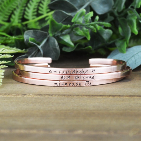 Scottish Gaelic Mantra Bracelet • Skinny Layering Cuff • Personalized Stacking Bracelet • Word of the Year • Celtic Jewelry