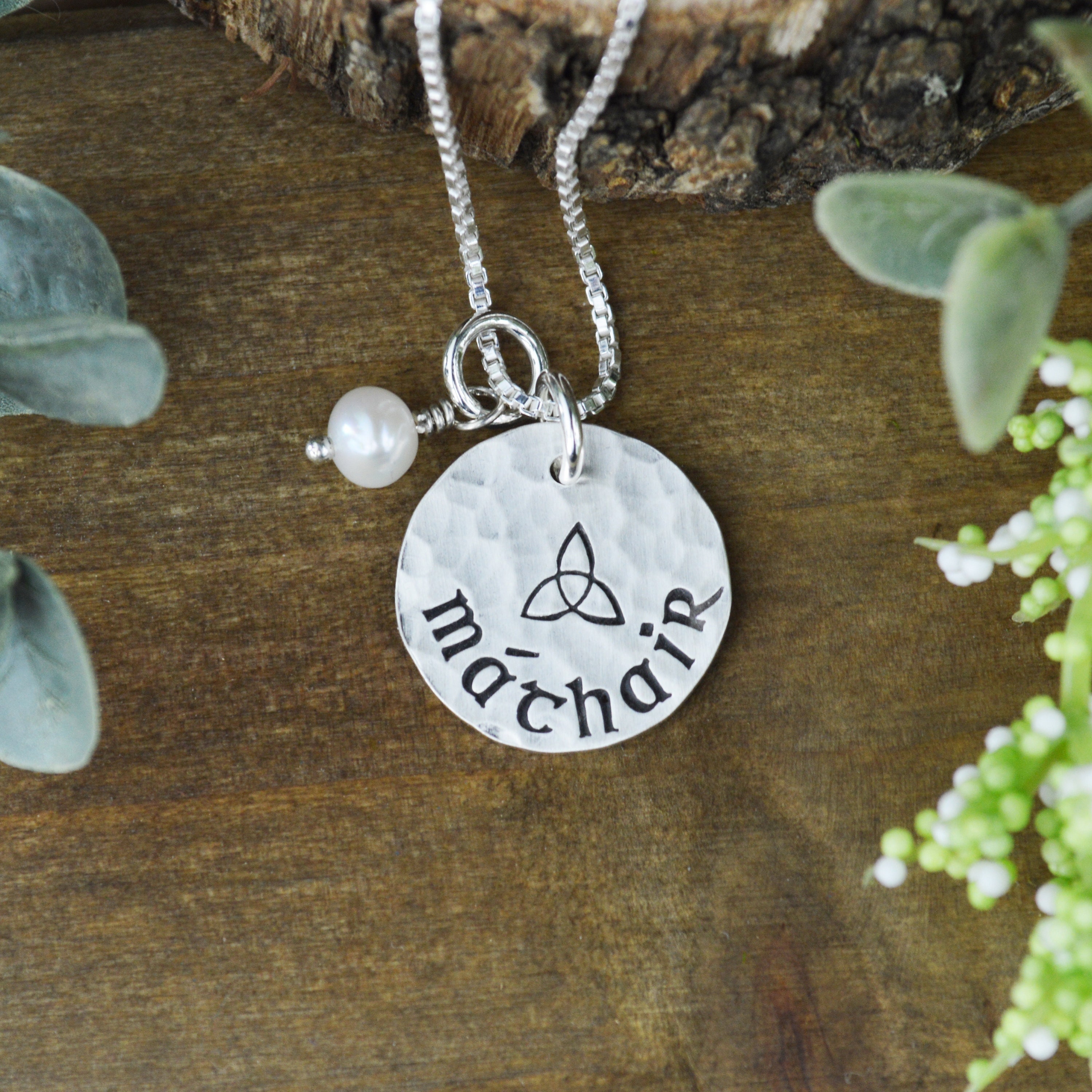 Mathair Mother Necklace: Hand Stamped Celtic Gaelic Sterling Silver, Freshwater Pearl