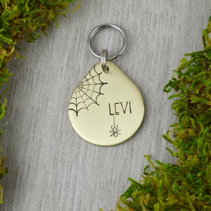 Może przedstawiać: Złota zawieszka dla zwierząt z motywem pajęczyny i imieniem "LEVI" wygrawerowanym na czarno. Mały pająk wisi pod imieniem. Zawieszka jest przymocowana do srebrnego metalowego pierścienia.