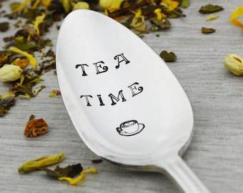Hand Stamped Tea Spoon: Vintage Silverware, Tea Lover Gift