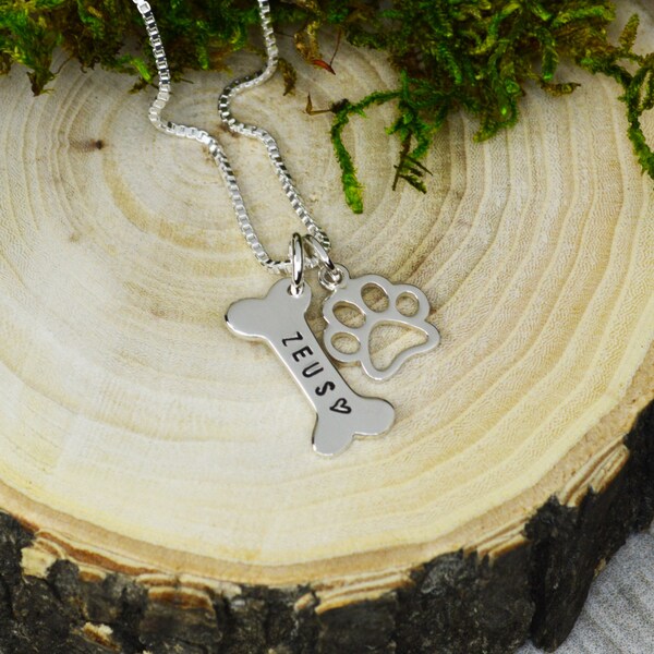 Collar de hueso de perro de plata esterlina personalizado: dije de pata con nombre de mascota personalizado