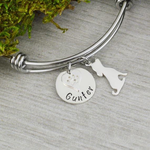 Adjustable Bangle Bracelet with Pets Name and Dog Charm - Stacking Bangles Il_570xn