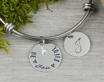 Be•YOU•tiful Adjustable Bangle Bracelet with Personalized Initial Charm // Handstamped Stacking Bangle