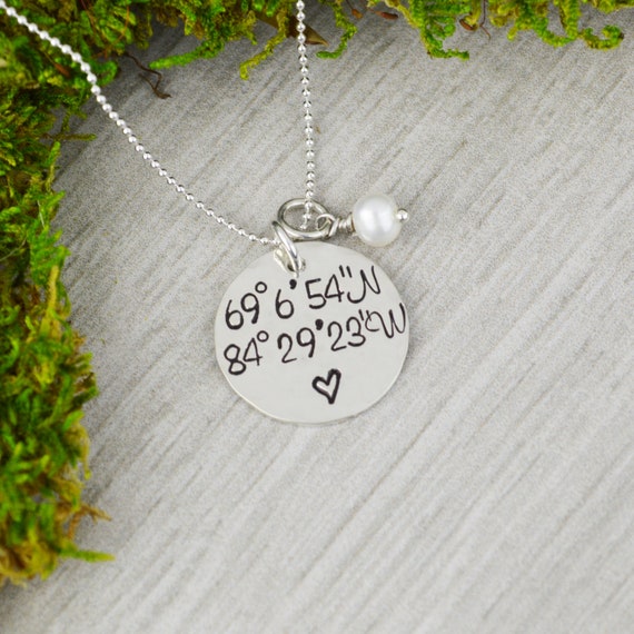 Custom Coordinates Necklace in Sterling Silver • Location GPS Coordinates, Latitude Longitude • Wedding orAnniversary Gift Il_570xn