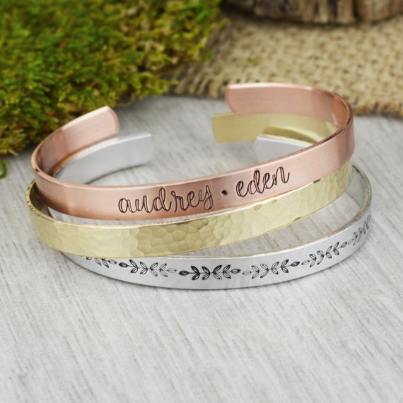Set of 3 Personalized Mixed Metal Bracelet Stack • Custom Name Layering Bracelets • Brass Copper Aluminum or Sterling Silver Bangle Il_570xn