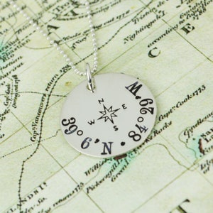 Custom Coordinates Necklace in Sterling Silver • Location GPS Coordinates, Latitude Longitude • Travel Jewelry