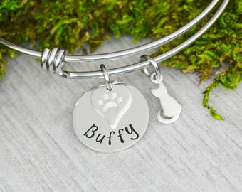 Adjustable Bangle Bracelet with Pets Name and Cat Charm - Stacking Bangles