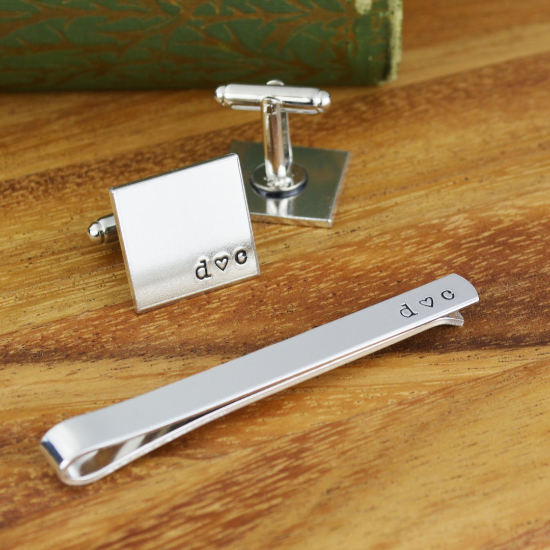 Custom Initials Tie Bar and Cuff Link Set Hand Stamped - Etsy