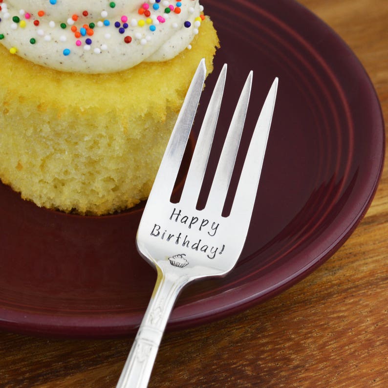 Happy Birthday Hand Stamped Cake Fork Stamped Silverware Etsy