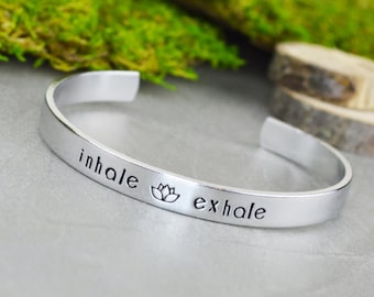 Inhale Exhale Hand Stamped Aluminum Brass or Copper Bracelet • Handstamped Jewelry • Yoga Gift Idea