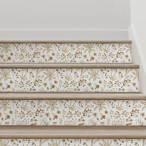 Plant Pattern Floral | White and Gold Like | Vinyl Peel and Stick Stair Riser Strip Sticker