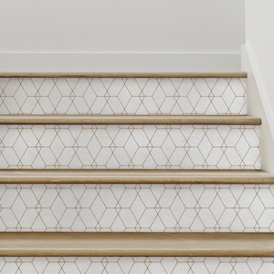 Art Deco Hexagon Lines | Off White Gold Like Lines | Peel and Stick Vinyl Stair Riser Strips