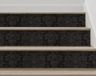 Damask Weave Textured Look | Dark | Vinyl Peel and Stick Stair Riser Strip Sticker