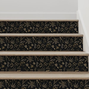 Wzór roślinny, kwiatowy | Czarne złoto | Naklejka winylowa na stopnie schodowe