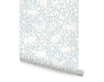 Jungle Animals Pattern Light Blue Peel & Stick  Wallpaper Repositionable