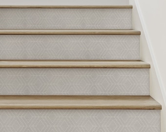 Tiras geométricas Art Déco para contrahuellas de escalera: vinilo gris cálido autoadhesivo