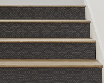 Adhesivo de vinilo para contrahuellas de escalera, diseño geométrico art déco de diamante, color ébano