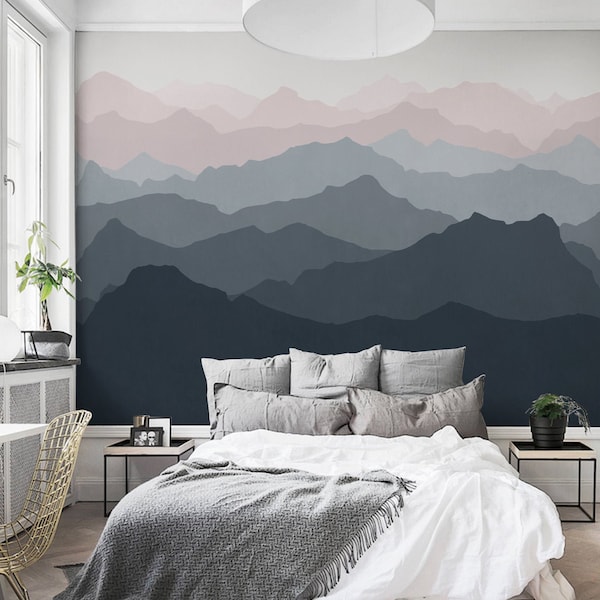 Mountain Mural Wallpaper, Grayish Navy Pale Pink, Mountain Extra Large Wall Art, Peel and Stick Wall Mural