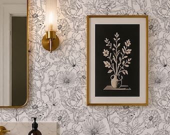Botanical Garden Hand Drawn Flowers Wall Covering | Black and White | Peel and Stick or Unpasted Wallpaper Mural | Non-toxic