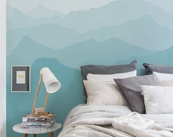 Mountain Mural Wallpaper, Grayish Mint, Winter Mountain Mural, Ombre Mountain Extra Large Wall Art, Peel and Stick Wall Mural