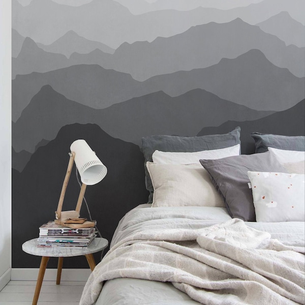 Mountain Mural Wallpaper, Black and White Grey Ombre Mountain Extra Large Wall Art, Peel and Stick Wall Mural