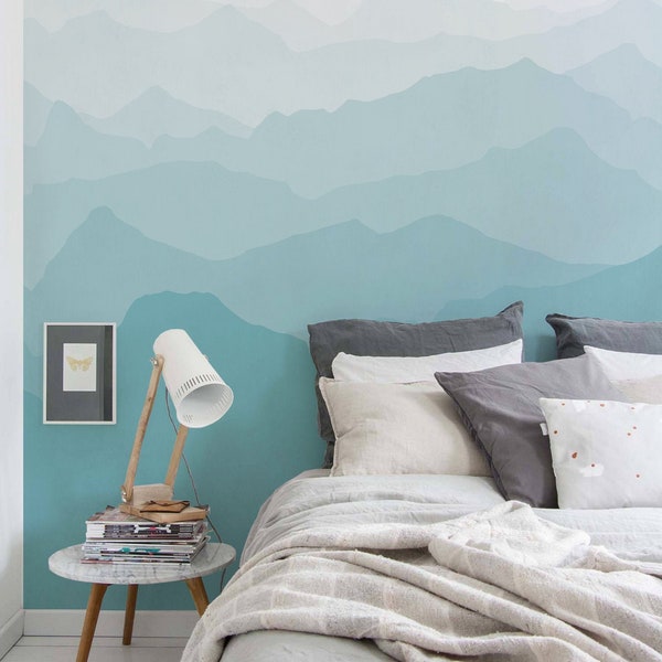 Mountain Mural Wallpaper, Grayish Mint, Winter Mountain Mural, Ombre Mountain Extra Large Wall Art, Peel and Stick Wall Mural